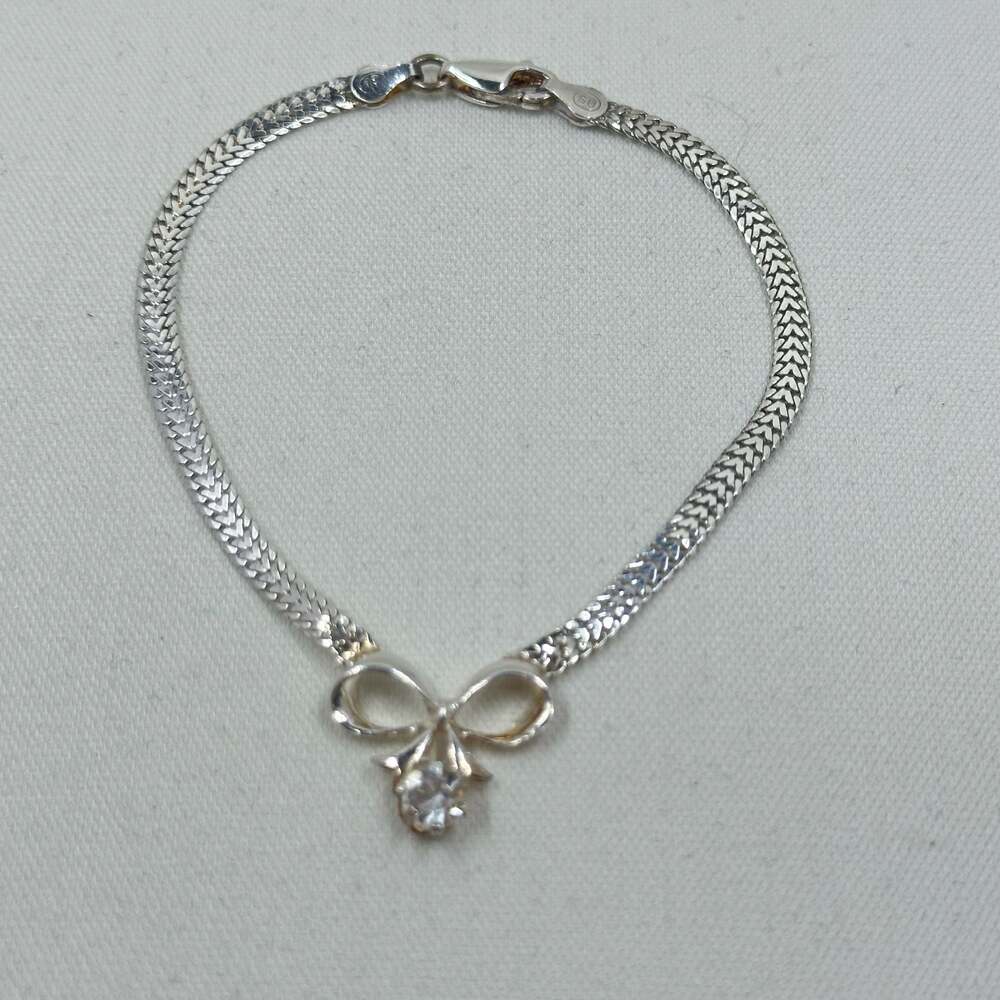 925 Sterling Silver Bracelet with Bow and Solitaire Stone Pendant